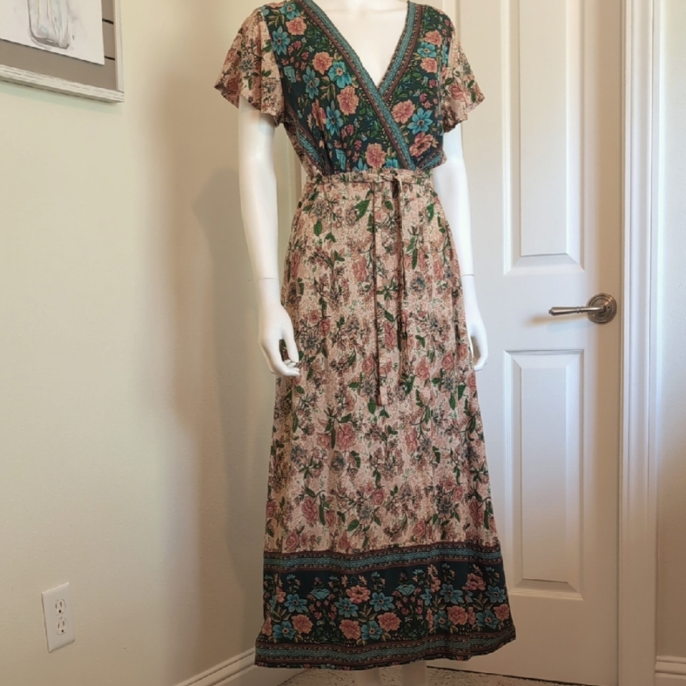 PrettyGarden Long Wrap Dress SzXL Teal Salmon Colors Floral EUC